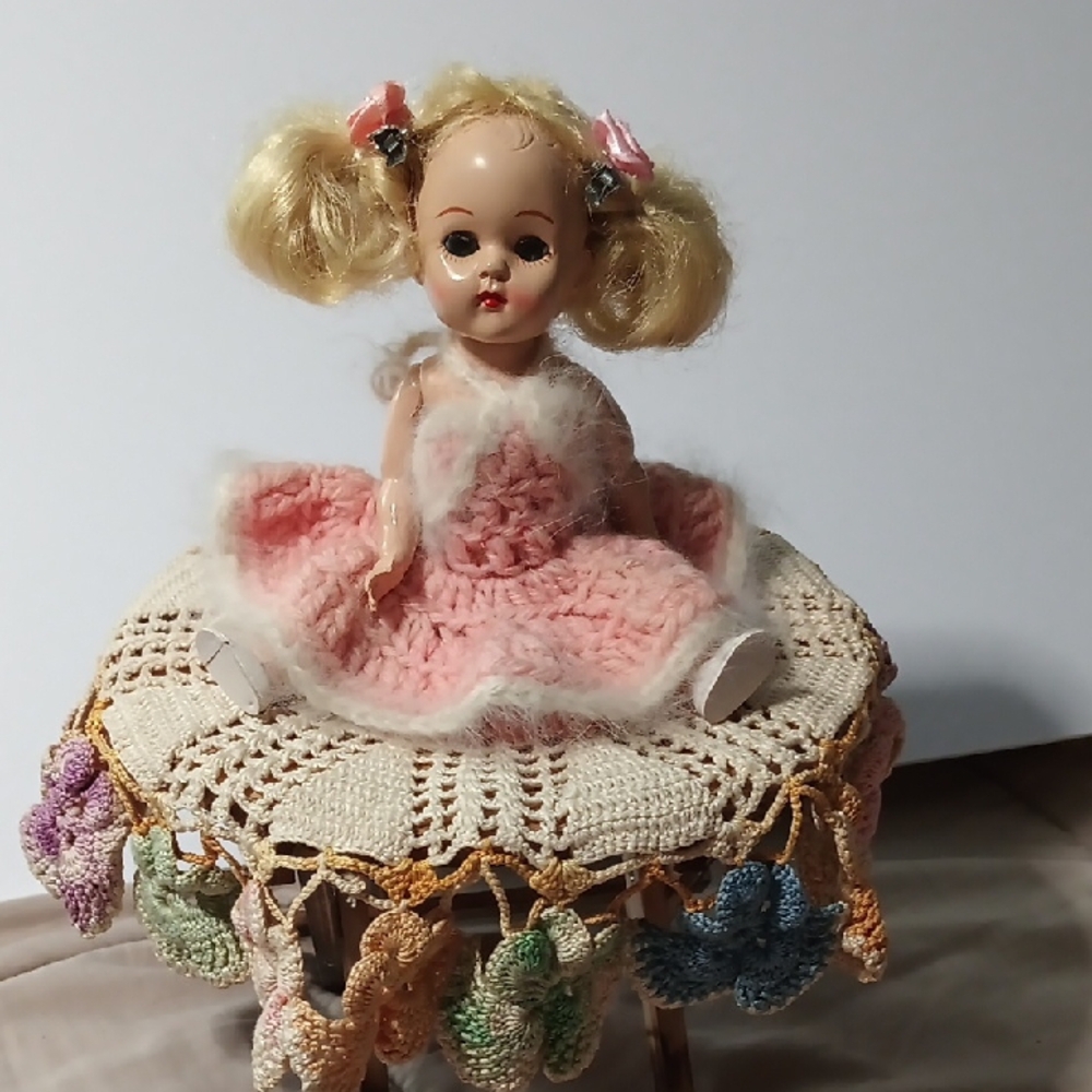 Source Unknown Cream and Pink Vintage 1950' S Doll with Hand Made  Crochet